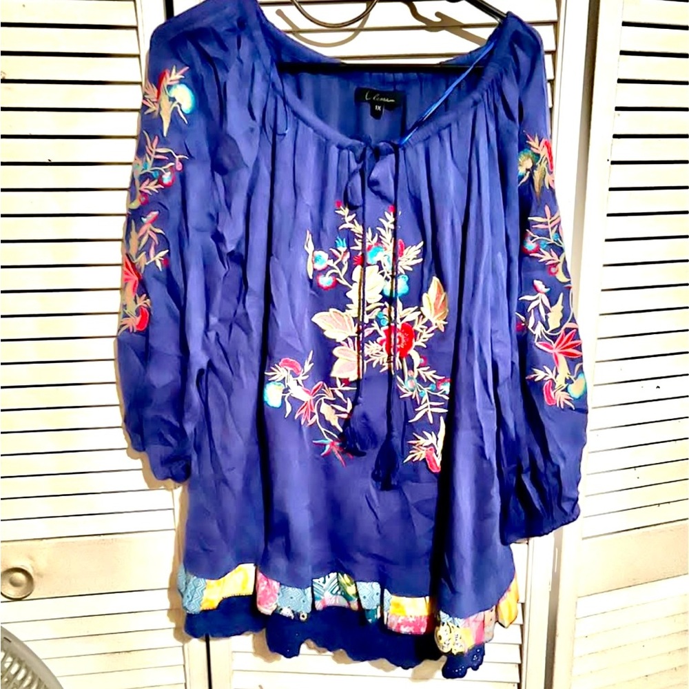 Blue Embroidered Peasant Blouse with Tassel Tie